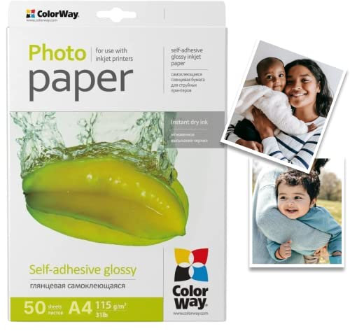 COLORWAY papel fotográfico de alto brillo autoadhesivo 50 hojas 115g/m² DIN A4 etiquetas de secado instantáneo resistente al agua para todas las impresoras de inyección de tinta calidad fotográfica
