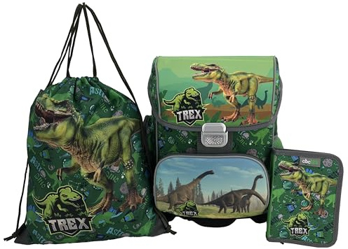 DINO DINOSAURIER SCHULRANZEN SET 1 KLASSE | SET 3 TEILIG FÜR GRUNDSCHULE | LEICHT | ERGONOMISCH und ANATOMISCH | FEDERMÄPPCHEN SPORTBEUTEL