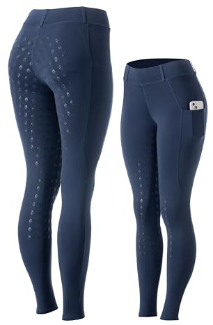 Equinavia Classic Womens Silicone Full Seat Horse Riding Pants with Phone Pockets | Equestrian Breeches Schooling Tights - Deep Blue - M