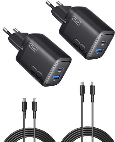 INIU 30W Cargador USB C 2-Paquetes, [USBC + USBA] 2-Puertos Tipo Enchufe Cargador Carga Rapida, Múltiple Cargadores Rápido para iPhone 17 16 15 14 Pro MAX Plus, MacBook Air, iPad Pro, Samsung S25 S24