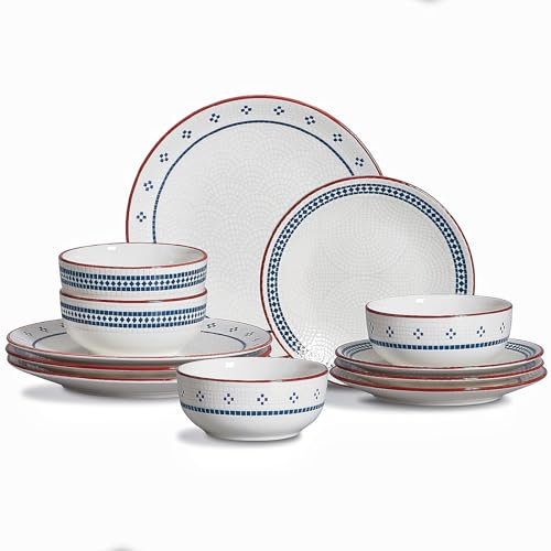 Service de Vaisselle 12 Pièces pour 4 Personnes, Ensemble de Table Vintage en Porcelaine, Set d'Assiettes avec Assiettes Plates, Assiettes à Dessert et Bols à Céréales, Compatible Micro-ondes