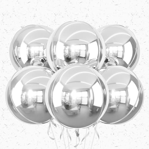 6Pcs Silver Round Foil Balloons,Giant 4D Round Balloons 22 Inch Metallic Silver Balloon for Birthday Wedding Prom Decorations
