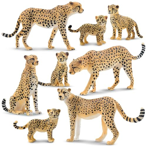 Toymany 8PCS Cheetah Figurines with Cheetah Cubs, Realistic Jungle Zoo Animals Figurines Family Set, Educational Toy Cake Toppers Christmas Birthday Gift for Kids