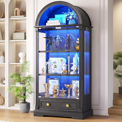 Black Curio Cabinet with Glass Doors, 72 Tall Arched Display Cabinet with Human Sensor Lights, 4-Tier Display Case for Collectibles Bookcase Living Room