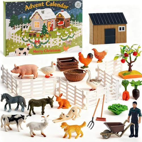 Adventskalender 2025 Kinder Bauernhof, 24-teiliges Spielset mit Farm-Thema, Tierfiguren und Zubehör, Geeignet für Bauernhof-Fans Jungen Mädchen ab 3 Jahre