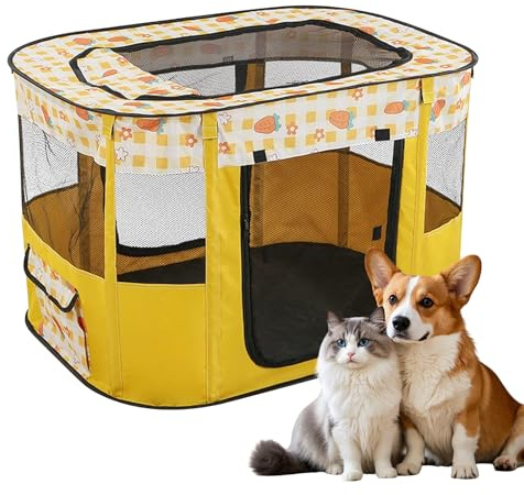 PRITOK Foldable Pet Playpen: Portable Dog Cat Playpen, 600D Oxford Indoor/Outdoor Pet Tent with Carry Bag​, Breathable Mesh for Indoor Outdoor Puppy Rabbits Hamster Small Animals (YELLO)