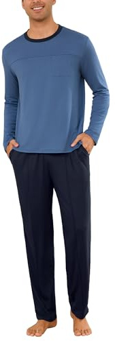 Leversic Pijamas Hombre Invierno Camisa Henley de Manga Larga Ropa de Dormir Sencilla en Color Liso Top y Pantalones Largos de Lounge con Bolsillos(Azul,M)