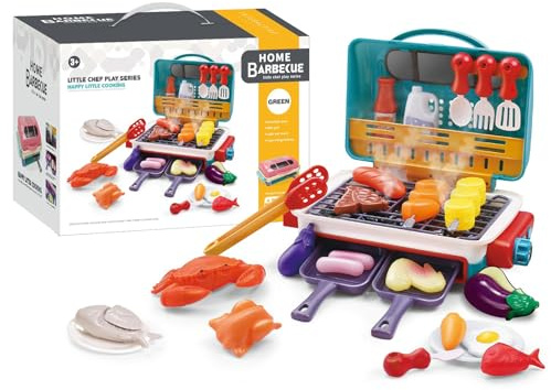 Demiawaking Kids BBQ Grill Toy Set, Kitchen Toy Set with Spray Sound & Color-Changing Food, 29pcs Children's Kitchen Toy Accessories for Toddlers Boys Girls (Blue)