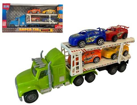 Generico Camion Giocattolo con Movimento a Frizione Porta Macchinine Bisarca con 4 Auto Giocattolo e 4 Macchinine Camion Grande cm 32 Camione Articolato Super Tir Doppio Livello di Carico Macchinine