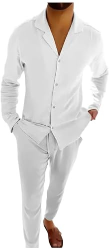 Generico 2 Pezzi Tuta Uomo Set completo Estivo in Lino Camicia e Pantaloni con Elastico in Vita a Maniche Lunghe in Tinta Unita Traspirante Casual per Spiaggia Vacanza per il Tempo Libero