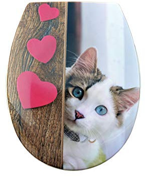 BM 4813 Tavoletta Copriwater Sedile WC Universale Coperchio Toilet Seat Bagno Termoindurente Decorato Motivo Gattino in Casa, Fissaggio dal Basso Cerniere Incluse