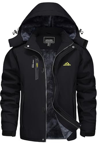 KEFITEVD Winterjacke Herren Warm Gefütterte Arbeitsjacke Softshelljacke Wasserdicht Atmungsaktiv Winter Skijacke Fleece Anorak Schwarz XXL