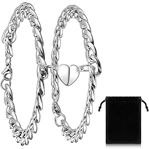 Jadive 2 Pezzi Braccialetto Magnetico per Coppia Bracciali Abbinati con Cuore Bracciale di Calamita in Acciaio Inox per Fidanzati Bracciale per Coppia in Catena con Ciondolo a Cuore per Uomo Donna