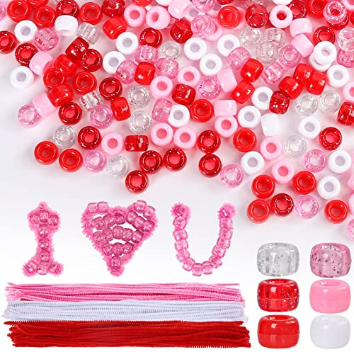 Whaline 1000Pcs Mixed Valentine's Day Pony Beads with 100pcs Chenille Stems Pipe Cleaners Red Pink White Craft Beads Plastic Spacer Beads for Wedding Anniversary Jewelry DIY Crafts Making Supplies