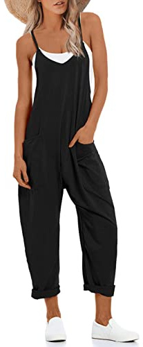 Lentta Women's Causal Jumpsuits V Neck Sleeveless Harem Overalls Stretchy Adjustable Strap Romper with Pockets(Black-L)