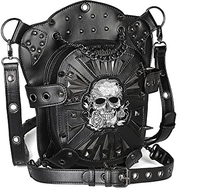 MOISTRI Steampunk Gürteltasche Leder Motorrad Gothic Hüfttasche mit Beinschlaufe Totenkopf Motorrad Hüfttasche Oberschenkeltaschen für Frauen Schwarz