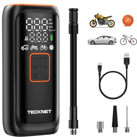 TECKNET Tyre Inflator Cordless Compressor, Portable Air Electric Bike Pump 150 PSI with Digital Display, Pressure Gauge and LED Light,Rechargeable Tyre Accessoriesfor Car Motorcycle, Bike,Ball