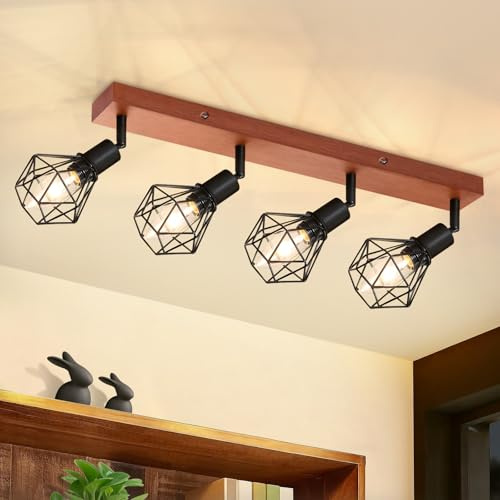 Glitzerlife Takspot svart 4 ljuskällor E14 - Trä Taklampa i metall vintage roterbar 350° MAX.25W Inomhus för sovrum vardagsrum matsal kök Utan lampor