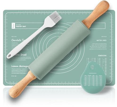 Ensemble de rouleau à pâtisserie et tapis à pâtisserie, rouleau à pâtisserie en bois (38 cm) +tapis silicone(60 x 40 cm)+corne patisserie+pinceau cuisine,rouleau patisserie silicone (vert)