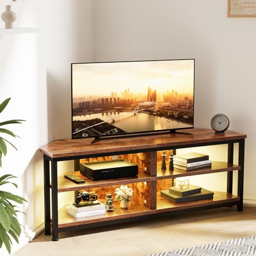 Dripex TV Eckschrank mit LED Beleuchtung Eckkommode TV Lowboard Fernsehtisch, Industriedesign, Vintage Braun (120x36x45.5 cm)