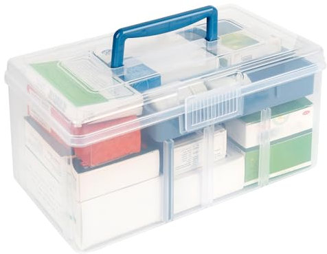 Medikamenten Aufbewahrung, Doppelschichtig Medicine Organizerbox, 5 Fächer Kunststoff Medikamentenkiste mit Griffe, Große Kapazität Box für Schmuck Arzneimittel Kosmetik (Kostenloser Haftnotiz)