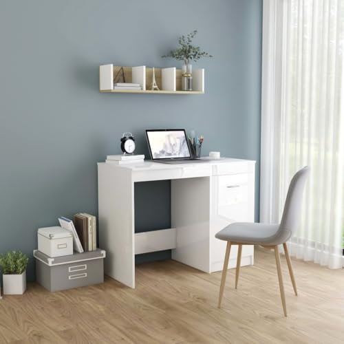Higsose Schreibtisch im Arbeitszimmer Hochglanz-Weiß 100x50x76 cm Holzwerkstoff Elegante Computertisch mit Integriertem Schrank Ordner und Bücher Speicher für Jugend- und Kinderzimmer