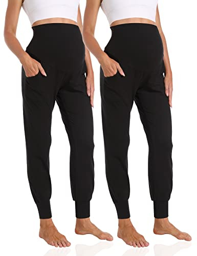 Foucome - Pantaloni premaman da donna per gravidanza, joggers over bump, pantaloni sportivi elasticizzati da allenamento, con tasche, XXL
