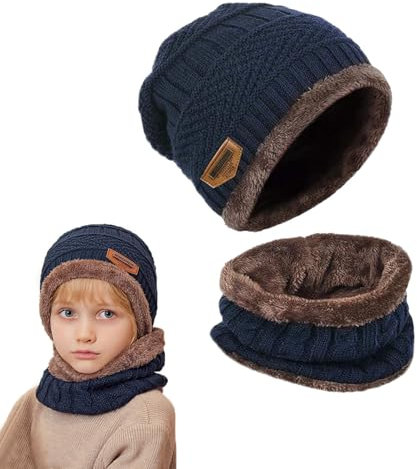 OUOQI Kinder Beanie Mütze Loop Schal Set, Kinder Wintermütze Beanie Hut, Kinder Wintermütze, Strickmütze Loop Schal, Schlauchschal Warme Wintermütze Strickmützen für Herbst Winter Frühling