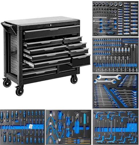 JOMAFA Carro de Taller Grande de 13 cajones con Bandeja de Acero Inoxidable, Edición XXL con 6 modulos de Herramientas Azul
