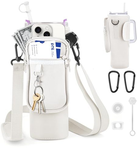 WuGU Bolsa de transporte para Stanley Cup 40oz, Accesorios para Stanley Cup, Bolsa para Stanley Cup | Stanley Quencher Accesorios, con bolsillo para teléfono móvil, Tapas de Pajita de Silicona (Beige)