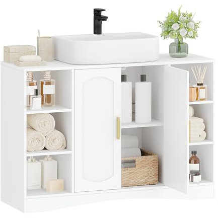 HEXCELEN Meuble sous Lavabo, Meuble de Rangement pour Salle de Bain, 2 Portes et Compartiments Ouverts, Étagères Réglables, pour Les Lavabos sans Piédestal Blanc 30 × 90 × 61,2 cm