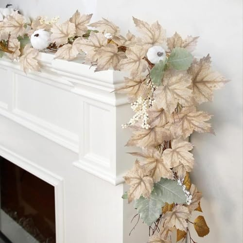 Ghirlanda autunnale con foglie d'acero per decorazioni natalizie, ghirlanda artificiale con foglie autunnali con zucche in rattan bianco per casa, feste di nozze, per casa, caminetto, porta d'ingresso