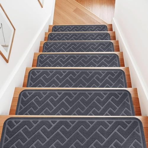 Dayacoco Carpet Stair Treads Non Slip for Wooden Steps, 20.3 x 76 cm (15-Pack) Carpet Stair Treads Made of Polyester and Reusable Adhesive, Stair Runner Rugs for Kids, Elders and Pets Gray