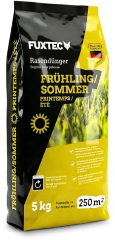 FUXTEC Engrais gazon printemps été FX-RDFS5 5 kg rendement 250m2 fertilisant pelouse organo-minéral NPK 12+3+5 azote à libération progressive magnésium et soufre granulés fins
