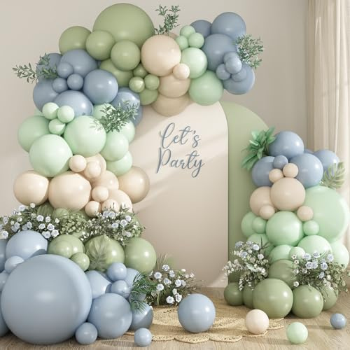 Ghirlanda di palloncini verde salvia blu, palloncini verdi blu, 105 palloncini verdi, blu, bianchi, in lattice, per decorazione di compleanno, matrimonio, rivelazione di sesso, feste di compleanno