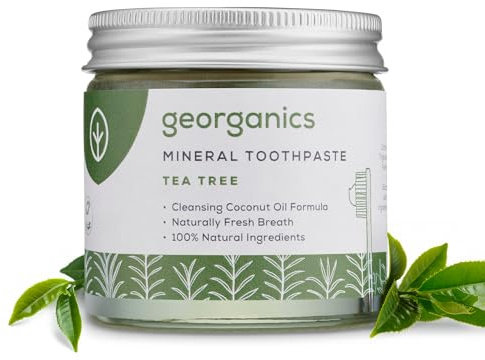 Georganics Mineral Toothpaste - 120ml - Tea Tree Flavour - Fluoride, SLS & Glycerine Free - Non-Foaming Natural Toothpaste with Virgin Coconut Oil - Certified Cosmos Natural, Vegan and Cruelty-Free