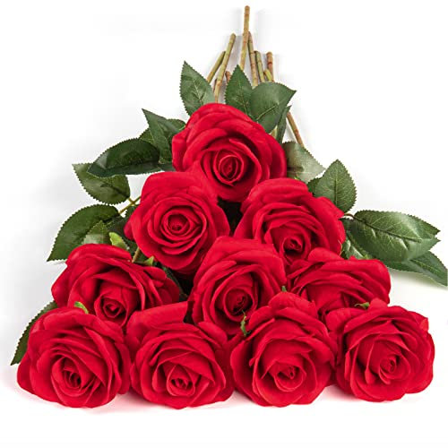 DuHouse 10 Stück künstliche Rosen Seidenblumen Fake Rose 54cm einzelnen Langen Stiel künstlich Blumen Bouquet für Brautstrauß Arrangement Hochzeit Tafelaufsatz Party Haus Küche Dekor(rote)