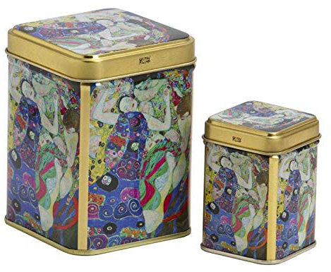 Aromas de Té - Juego de Latas de Metal para Té - Caja y Recipiente Contenedor de Almacenamiento - Diseño Virgen Klimt - Capacidad 100 gr y 25 gr