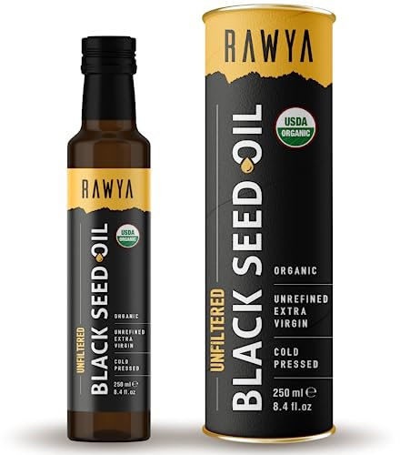 RAWYA Organic Black Seed Oil - Unfiltered - Full Spectrum- Cold Pressed - Turkish Origin - Black Cumin - Kalonji - Nigella Sativa Supplement with Omega 3, 6, 9 - Skin Condition & Hair Growth - 250 ml