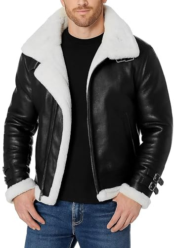 III-Fashions Mens Winter Warm Sheepskin Coat - Aviator B3 White Fur Shearling Pilot Removable Hooded Black Flight Bomber Leather Jacket