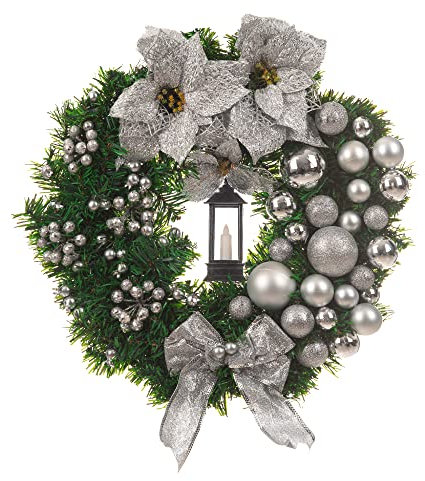 Christmas Village 40cm Holly Wreath With Bows, Baubles And Lantern – Perfect for Hanging on Wall, Door, Window, Conservatory - Festive Decoration Christmas, Holiday, Decor (Grey/Silver)