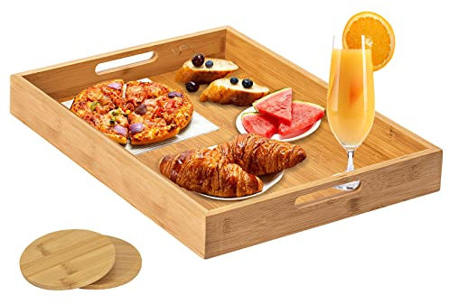 Yvttve Bambus Tablett Serviertablett Groß Holz Tablett mit Griffen, Küchentablett Rechteckig für Frühstück (40 x 28 cm), Gratis 2 Untersetzer