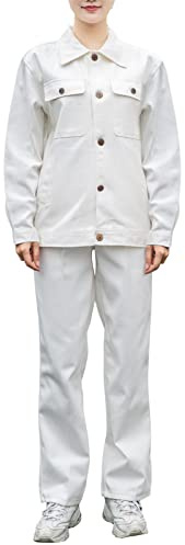 Momooda Unisex 100% Cotton Frame Retardant Top Pants Set, Long Sleeve Work Uniforms Jackets, Protective Work Insulated Trousers, White, XL