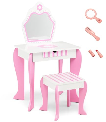 LIFEZEAL Coiffeuse Enfant avec Tabouret et Miroir pour Fille 3-7 Ans, Table de Maquillage avec Tiroir de Rangement, Charge de 30/50 kg, Rose et Blanche