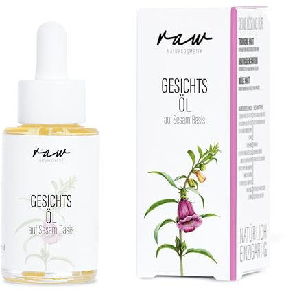 raw Kosmetik, Gesichtsöl Sesam 30ml, mit kaltgepressten Bio Öl, ideal für trockene und sehr sensible Haut, beruhigt und regeneriert, 100% vegan
