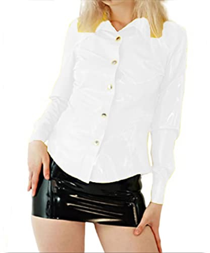Office Lady Automne PVC Moulant à manches longues en cuir PU Chemise boutonnée Veste élastique Blouse, Blanc, XL