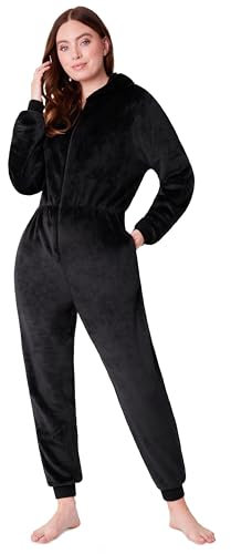 CityComfort Jumpsuit Damen Kuschelig Fleece Einteiler Schlafanzug Onesie Damen S-XL (Schwarz, L)