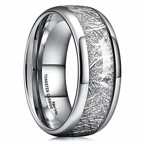 King Will METEOR Mens 8mm Silver Tungsten Carbide Meteorite Inlay Domed High Polished Ring 13