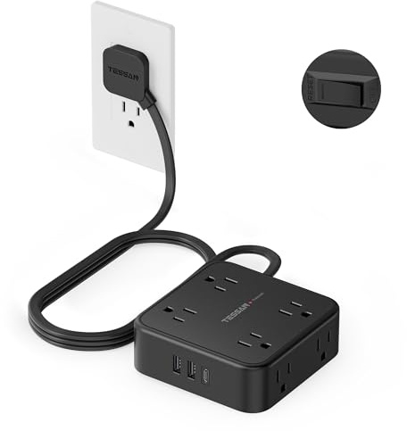 TESSAN Surge Protector Power Strip, 5 Ft Flat Plug Extension Cord with 3 USB (1 USB C) 8 Outlets, 1250W, 900J Protection, 3 Sided Outlet Extender with Power Switch for Office, Dorm Room, Black