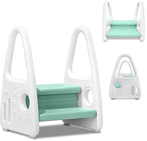 SUBTLETY 2 Stufen Tritthocker für Kinder Lernturm PP Kunststoff Trittleiter Baby Küchenhelfer mit Sicherheitgriff Stehender Belast bis 50KG Trittschemel für Babyzimmer & Kleinkinderzimmer (Grün)
